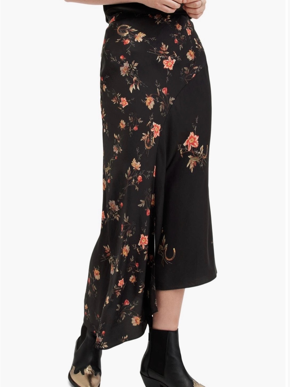 AllSaints Black Floral High-Low Midi Skirt